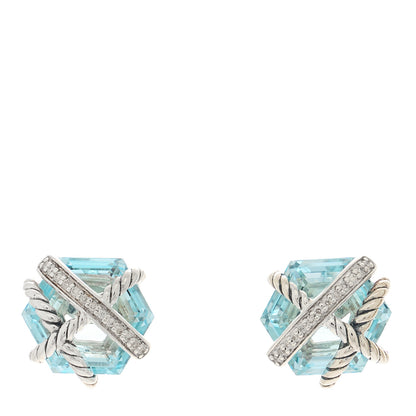 David Yurman Sterling Silver Diamond Blue Topaz 10mm Cable Wrap Earrings 1 of 4