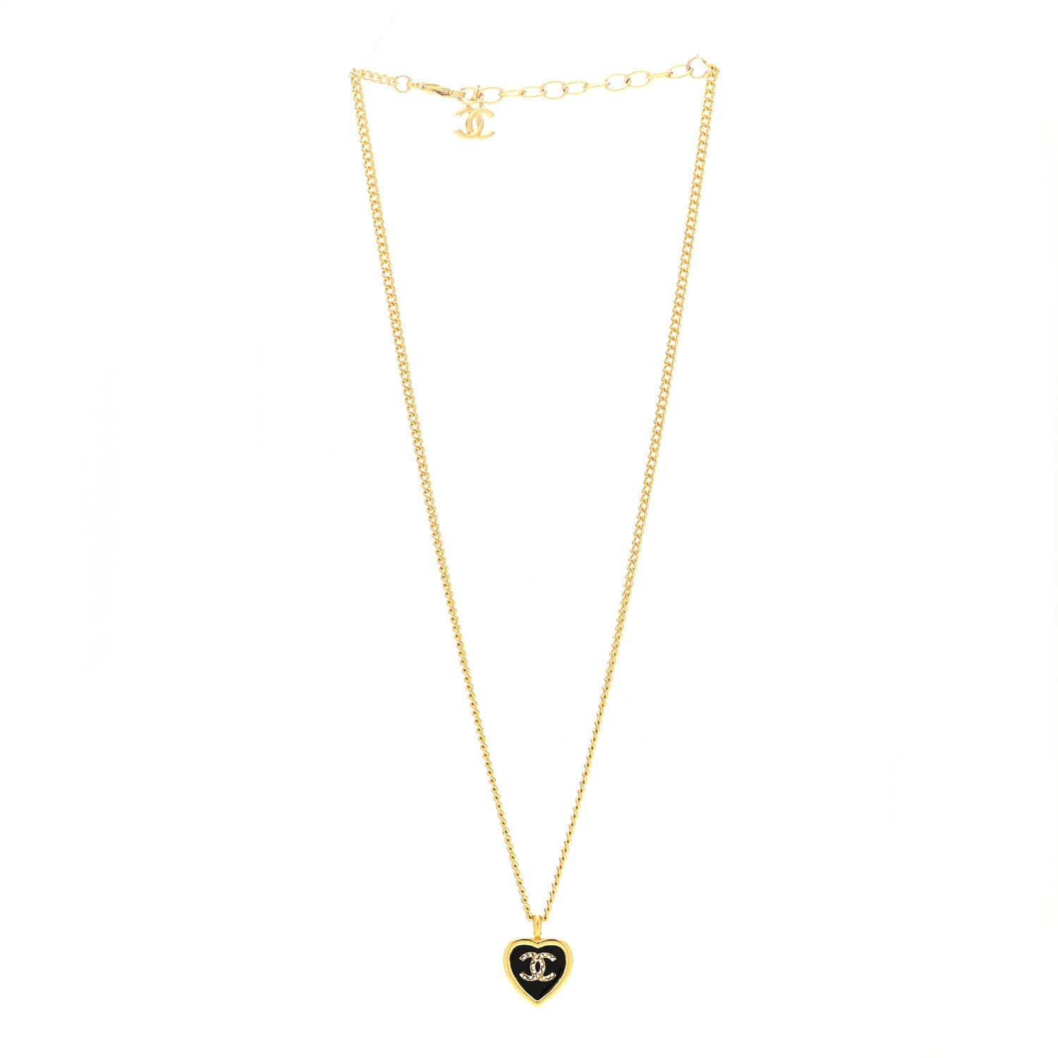 Chanel Metal Resin Crystal CC Heart Necklace Gold Black 3 of 6