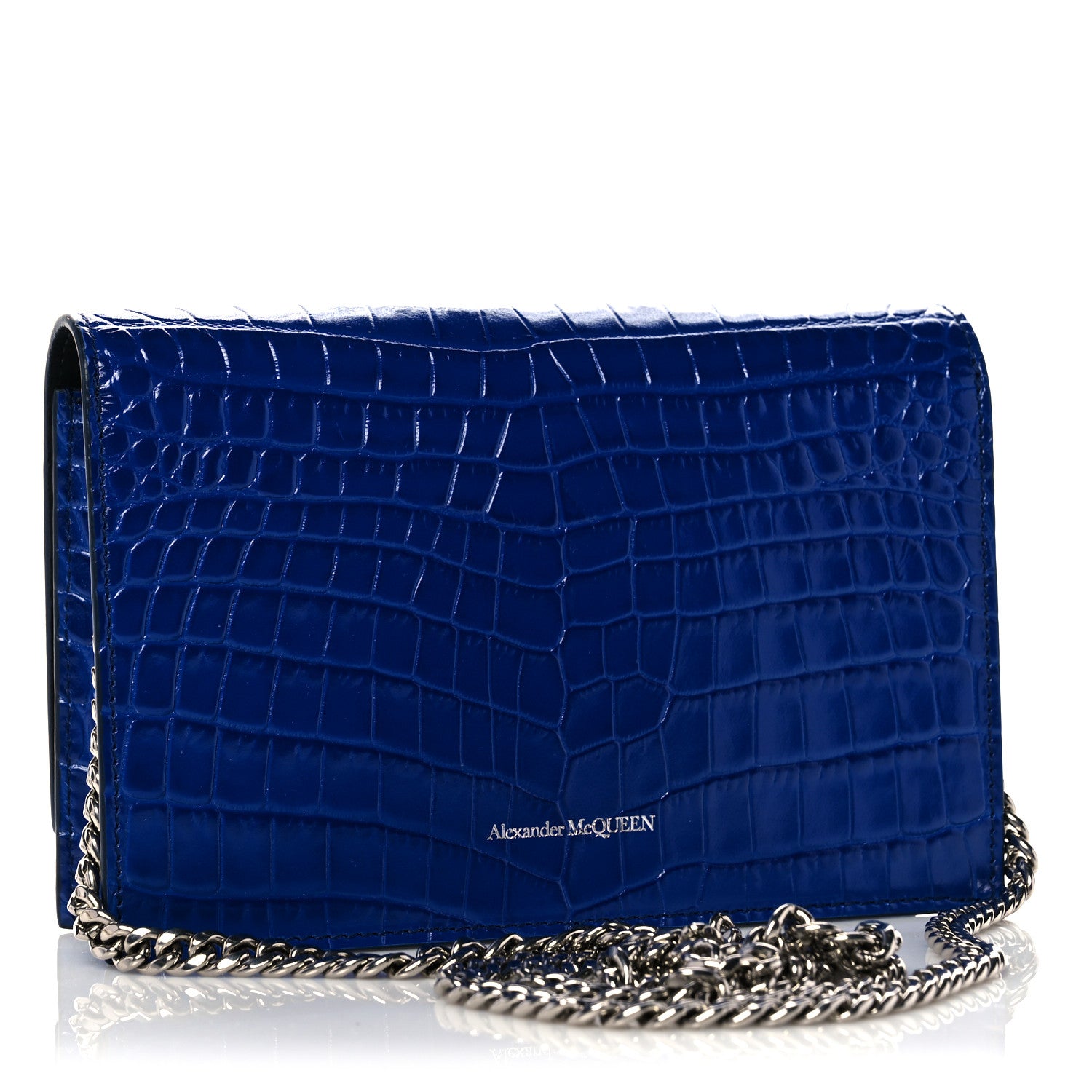 Alexander McQueen Calfskin Crocodile Embossed Skull Mini Crossbody Bag Deep Lapis Blue 3 of 9