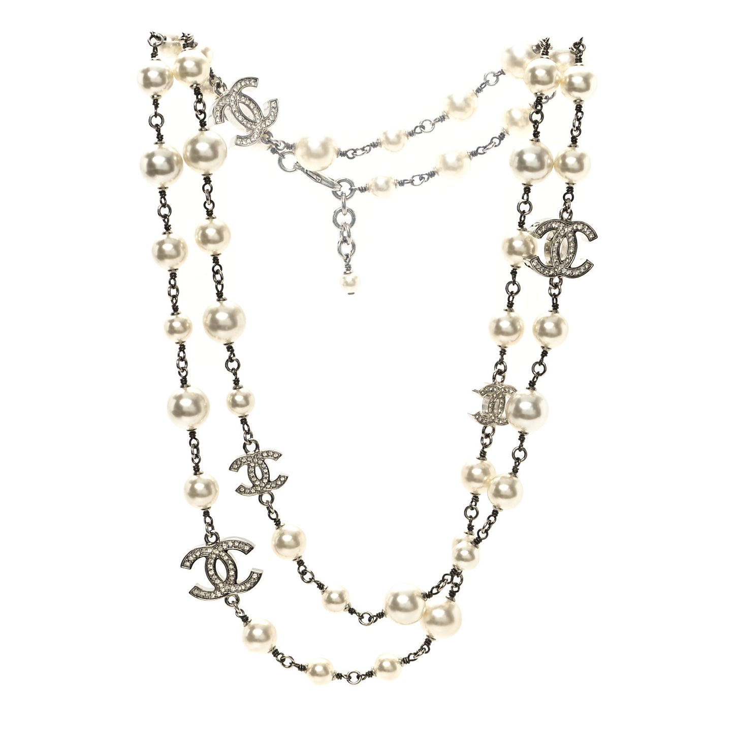 Crystal Pearl CC Long Necklace Silver