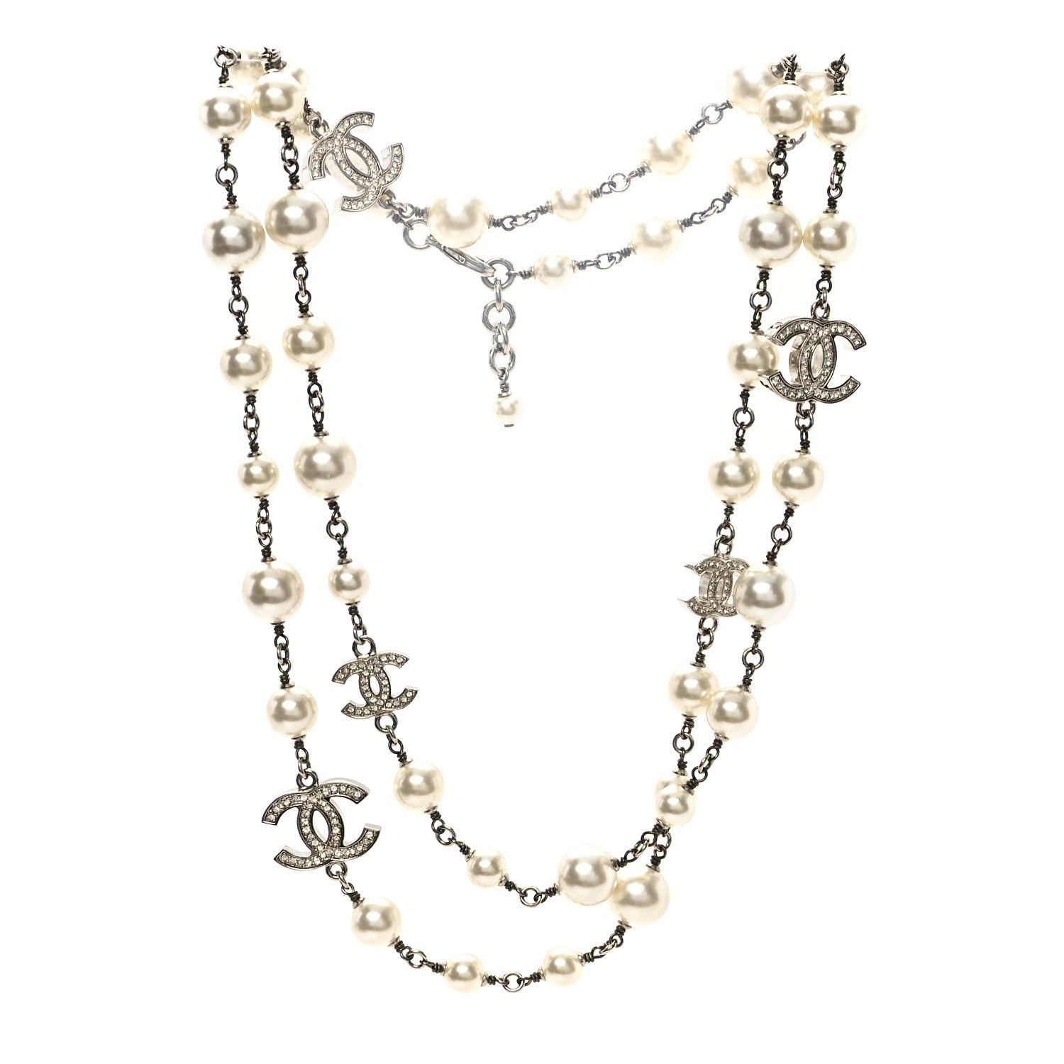 Chanel Crystal Pearl CC Long Necklace Silver 3 of 5
