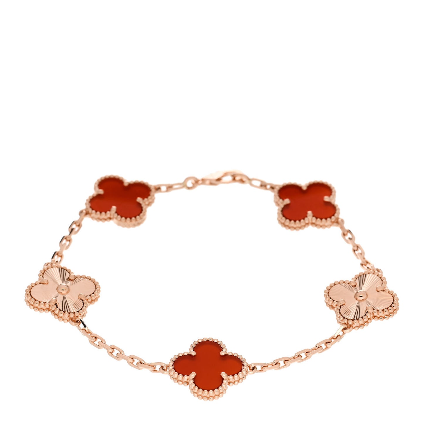 18K Rose Gold Carnelian 5 Motifs Guilloche Vintage Alhambra Bracelet