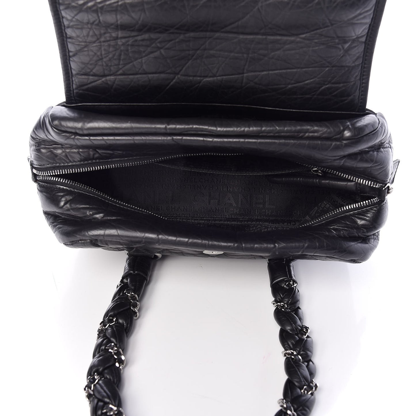 Distressed Lambskin Lady Braid Flap Tote Black