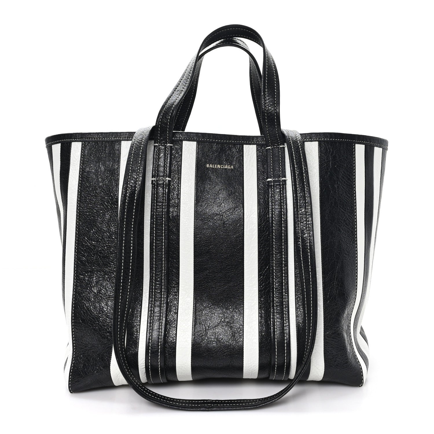 Balenciaga Agneau Arena Striped Patchwork Large Barbes East West Shopper Black White 1 of 11