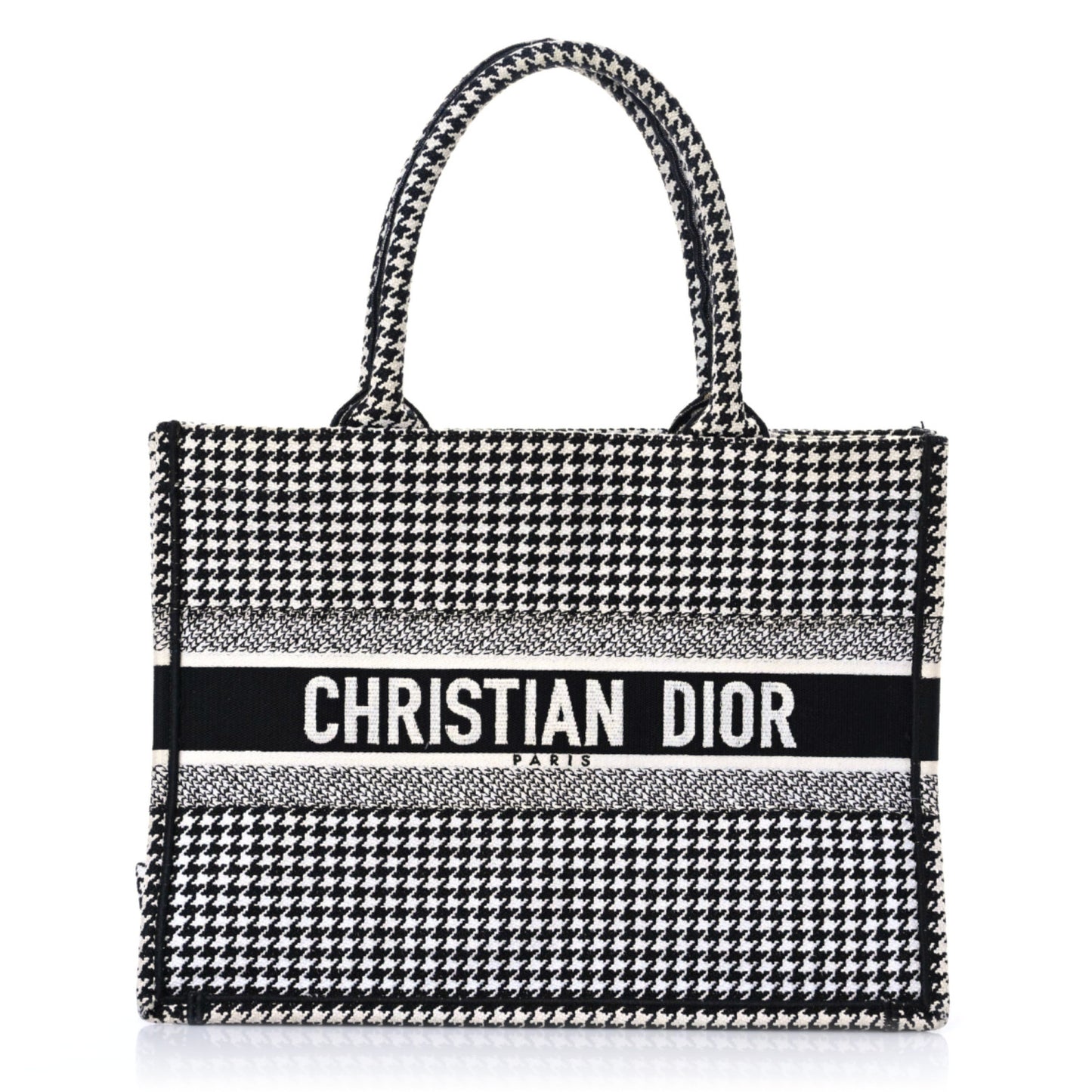 Canvas Houndstooth Embroidered Medium Book Tote Black White