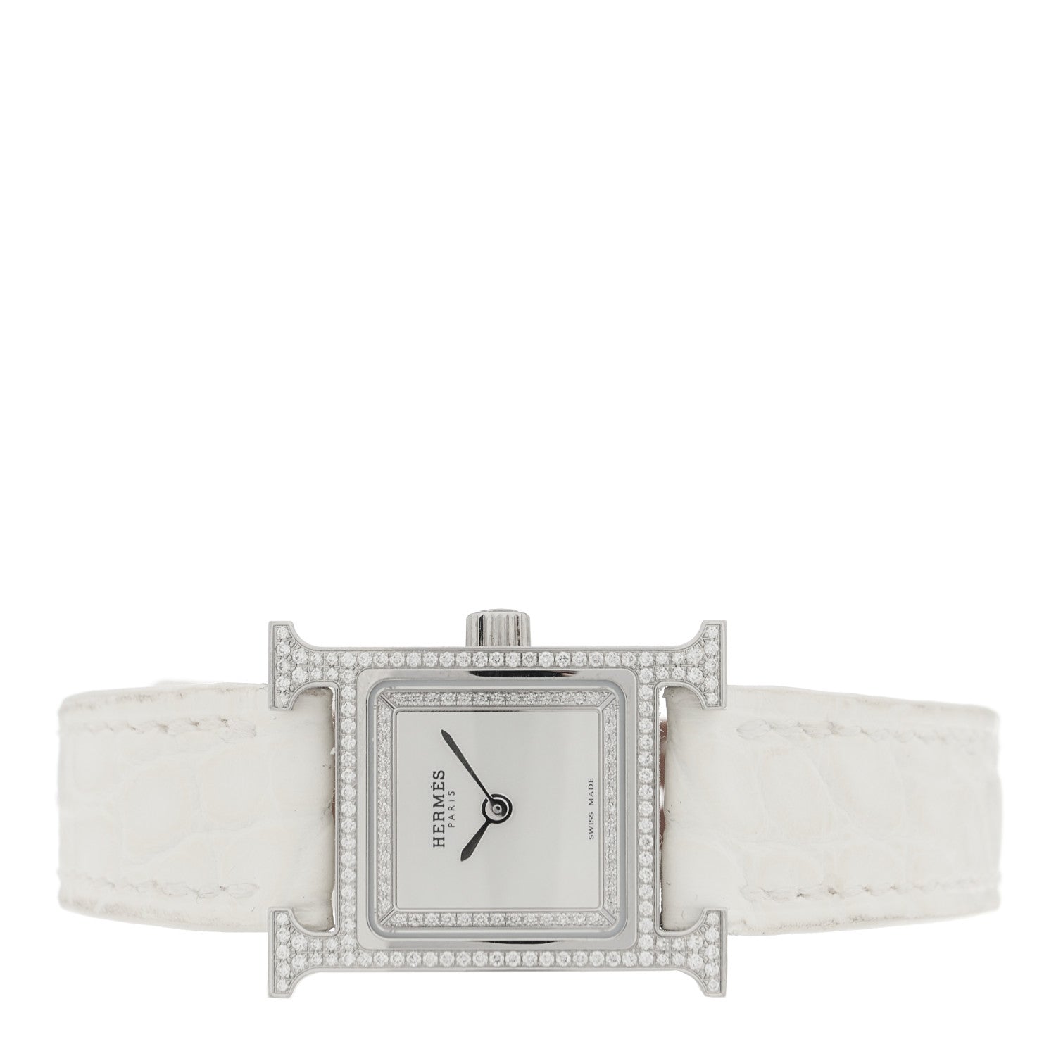 Hermes Stainless Steel Alligator Diamond Pave Bezel Mother of Pearl 17.2mm Heure H Hour Quartz Watch Blanc 2 of 5