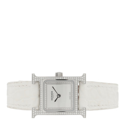 Hermes Stainless Steel Alligator Diamond Pave Bezel Mother of Pearl 17.2mm Heure H Hour Quartz Watch Blanc 2 of 5