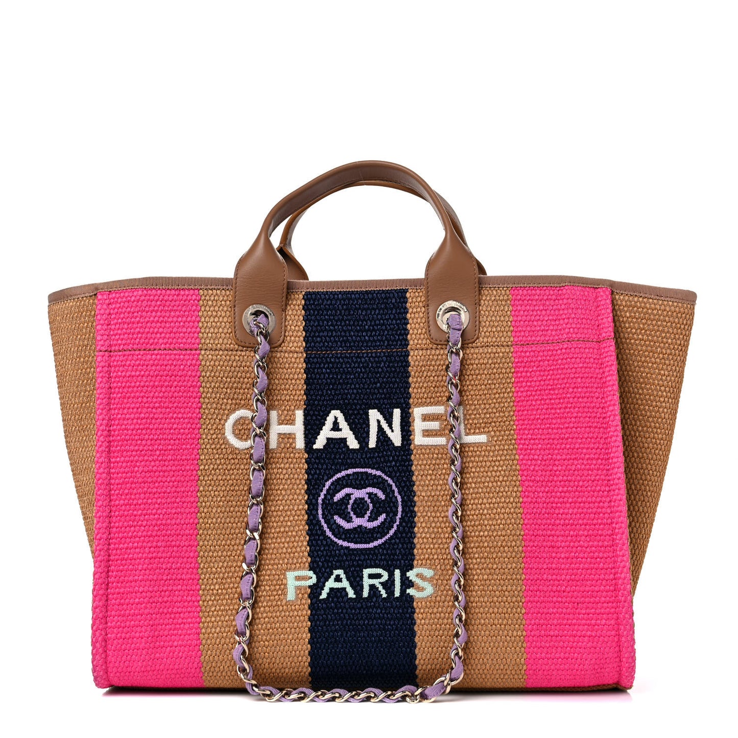 Straw Raffia Calfskin Striped Medium Deauville Tote Dark Beige Fuchsia Navy Blue