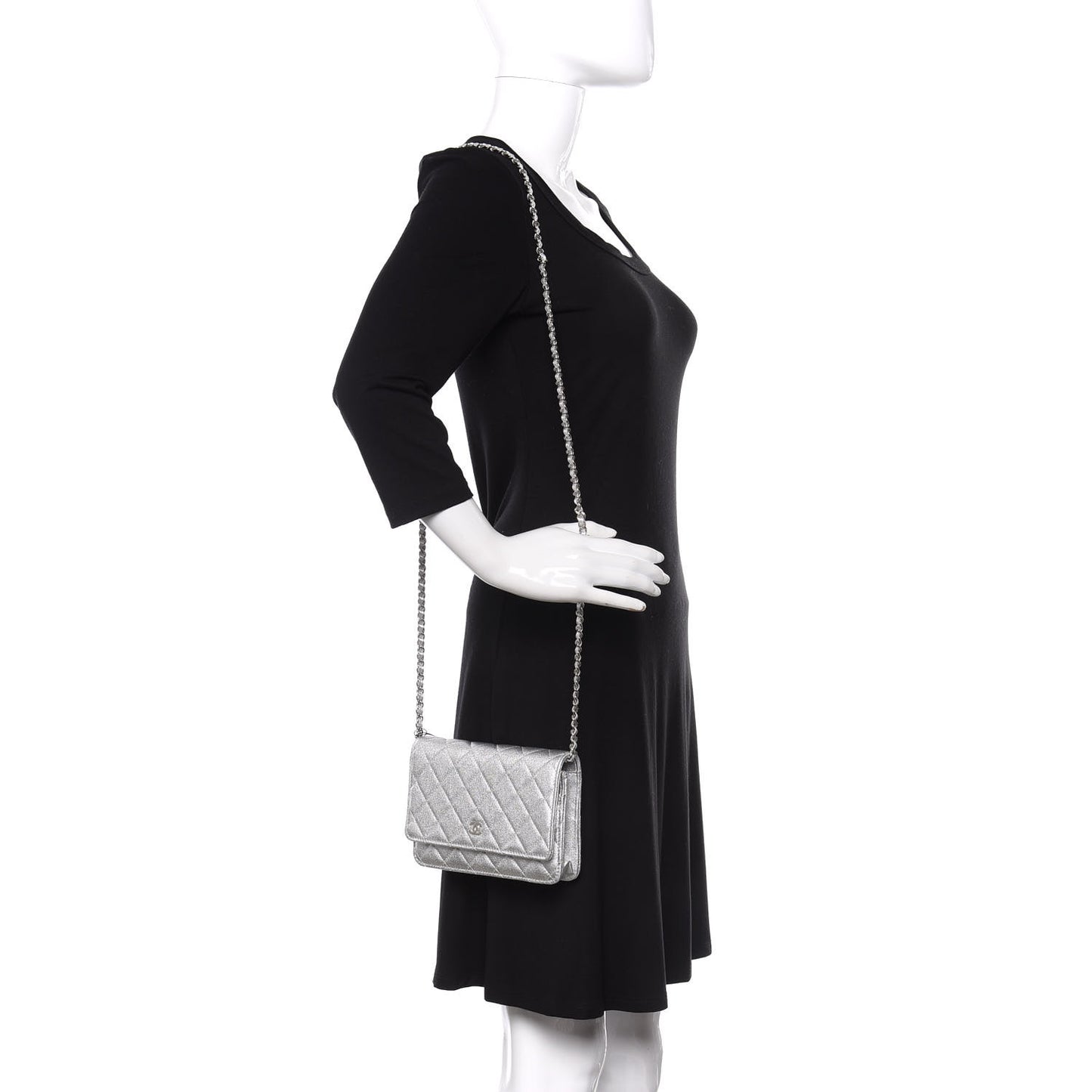 Metallic Lambskin Quilted Wallet On Chain WOC Silver