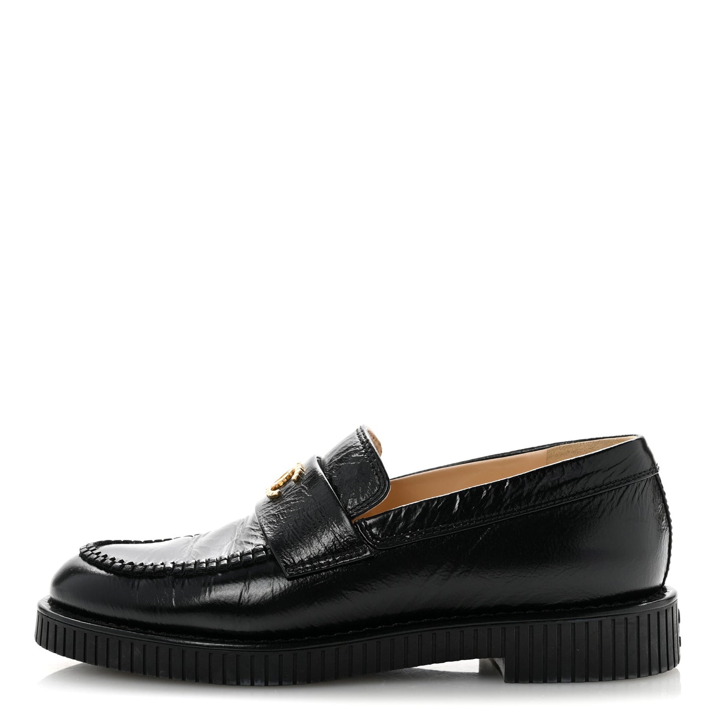 Shiny Crumpled Calfskin CC Mocassin Loafers 38 Black