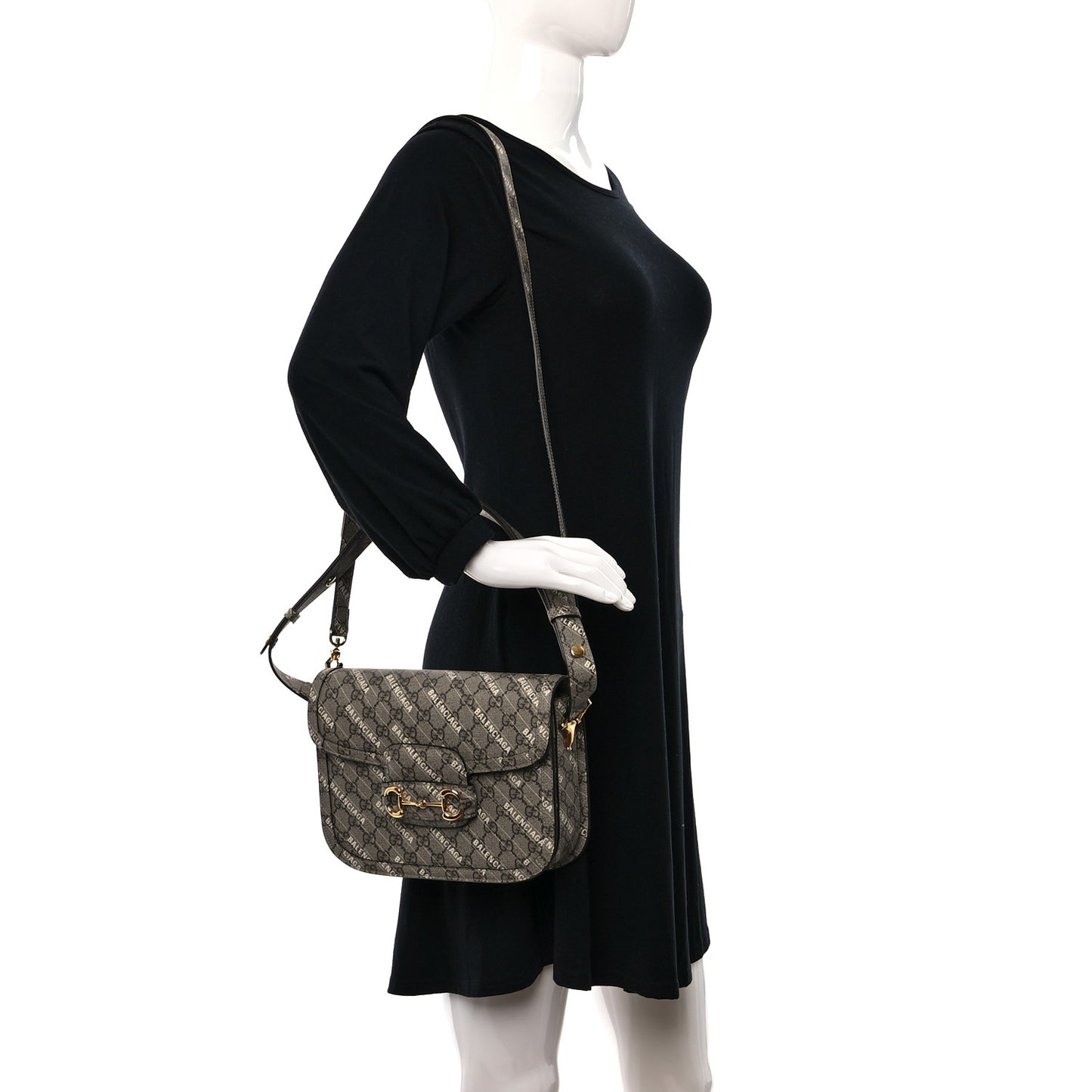 X BALENCIAGA GG Supreme Monogram Logo Print Horsebit 1955 Shoulder Bag Beige Ebony