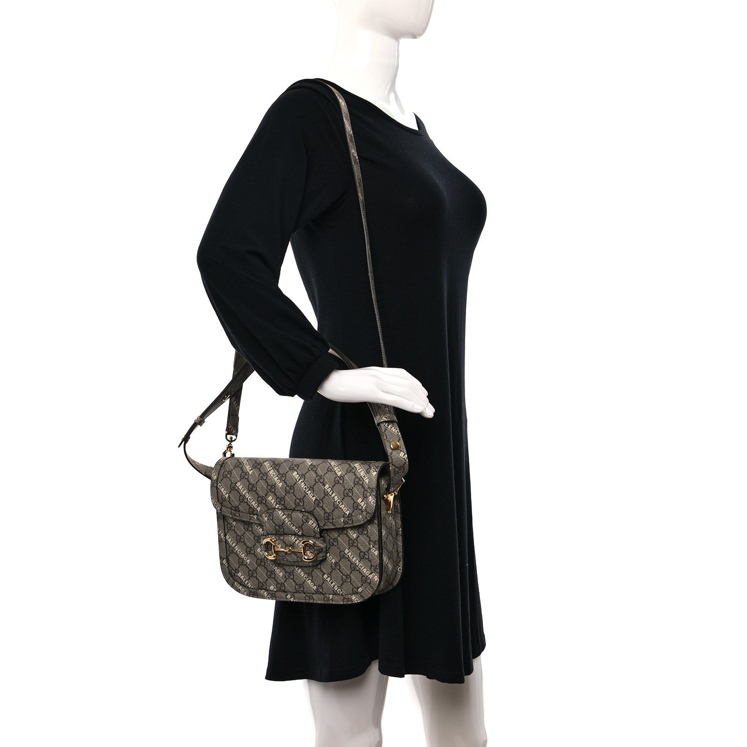 Gucci X BALENCIAGA GG Supreme Monogram Logo Print Horsebit 1955 Shoulder Bag Beige Ebony 2 of 10