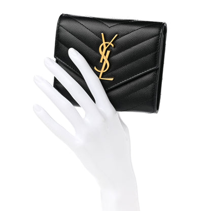 Saint Laurent Grain De Poudre Matelasse Chevron Monogram Compact Tri Fold Wallet Black 2 of 8
