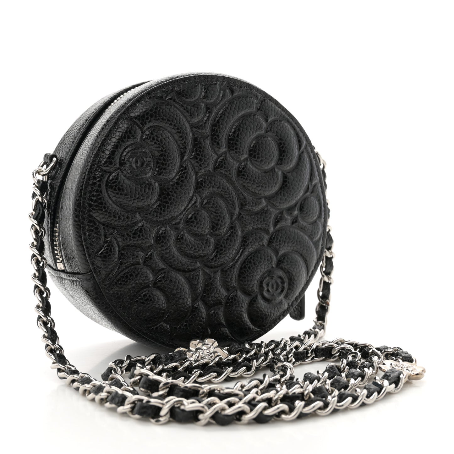Caviar Camellia Embossed Round Clutch With Chain Black
