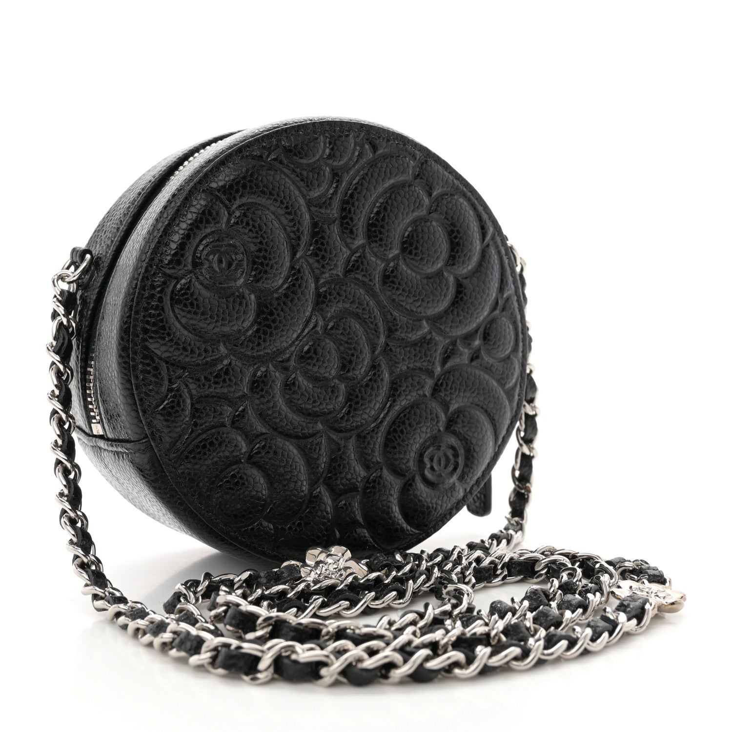 Chanel Caviar Camellia Embossed Round Clutch With Chain Black 3 of 11