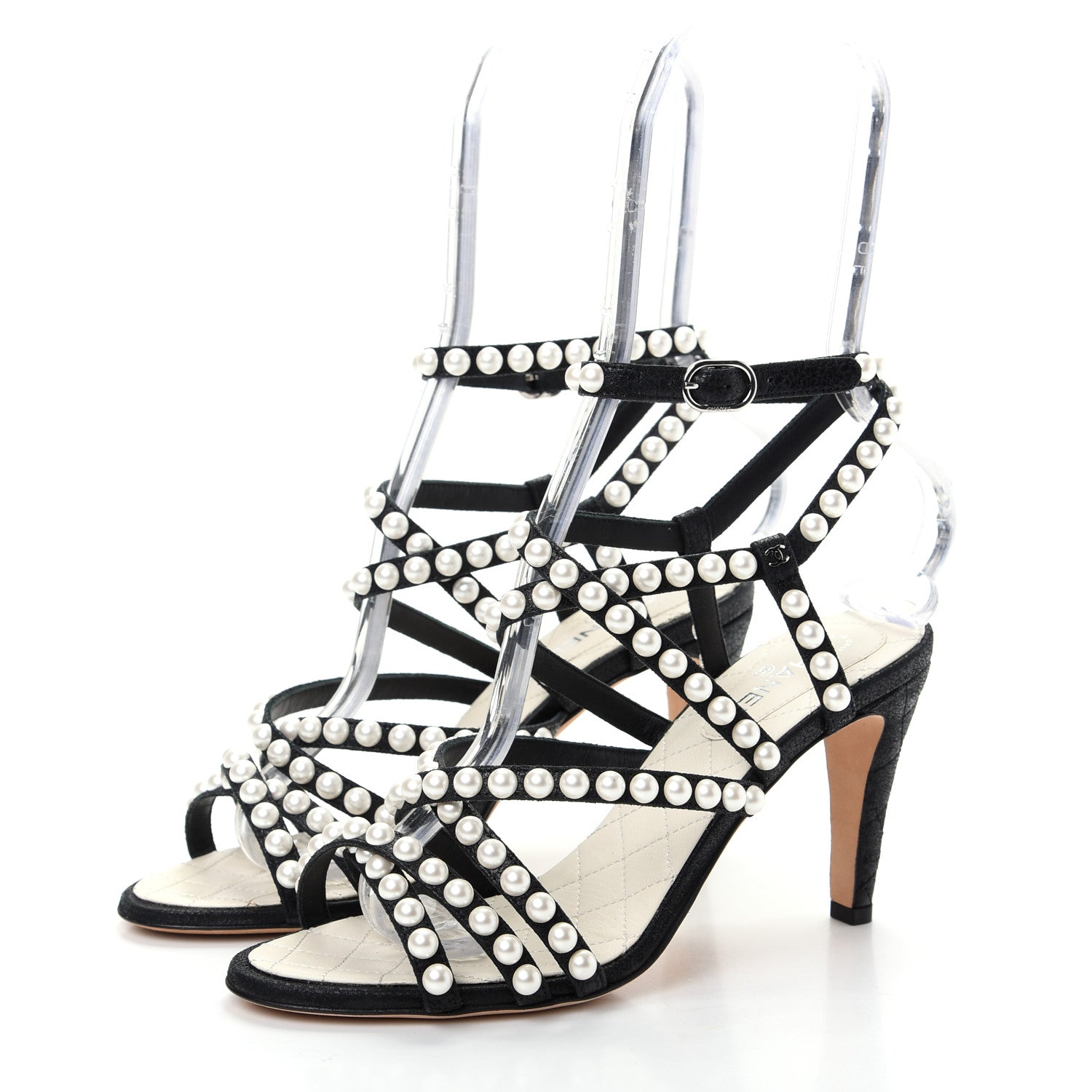 Chanel Crackled Lambskin Pearl Sandals 36.5 Black 3 of 10