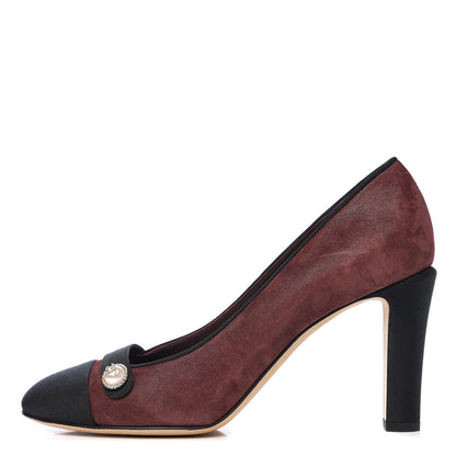 Chanel Glitter Calfskin Grosgrain Cap Toe Pearl Pumps 38.5 Burgundy Black 1 of 10