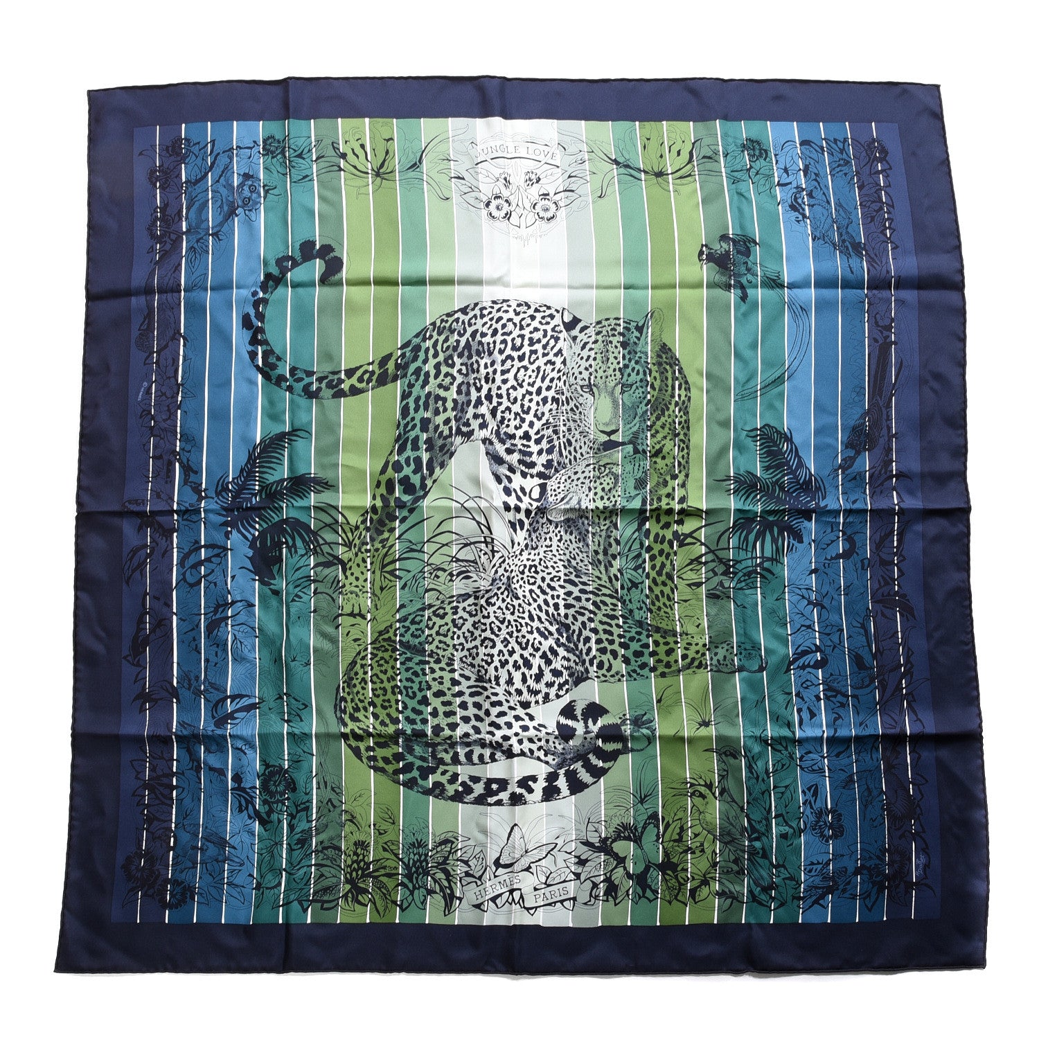 Hermes Silk Carre Jungle Love Rainbow Scarf 90 Marine Vert Petrole 1 of 5