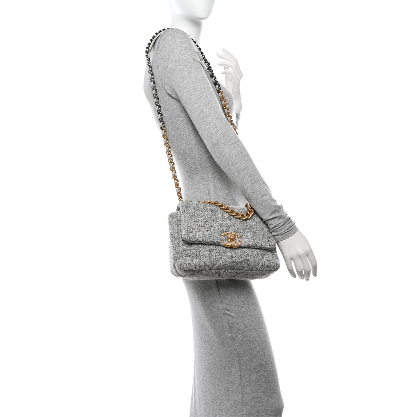 Tweed Quilted Medium Chanel 19 Flap Grey Ecru