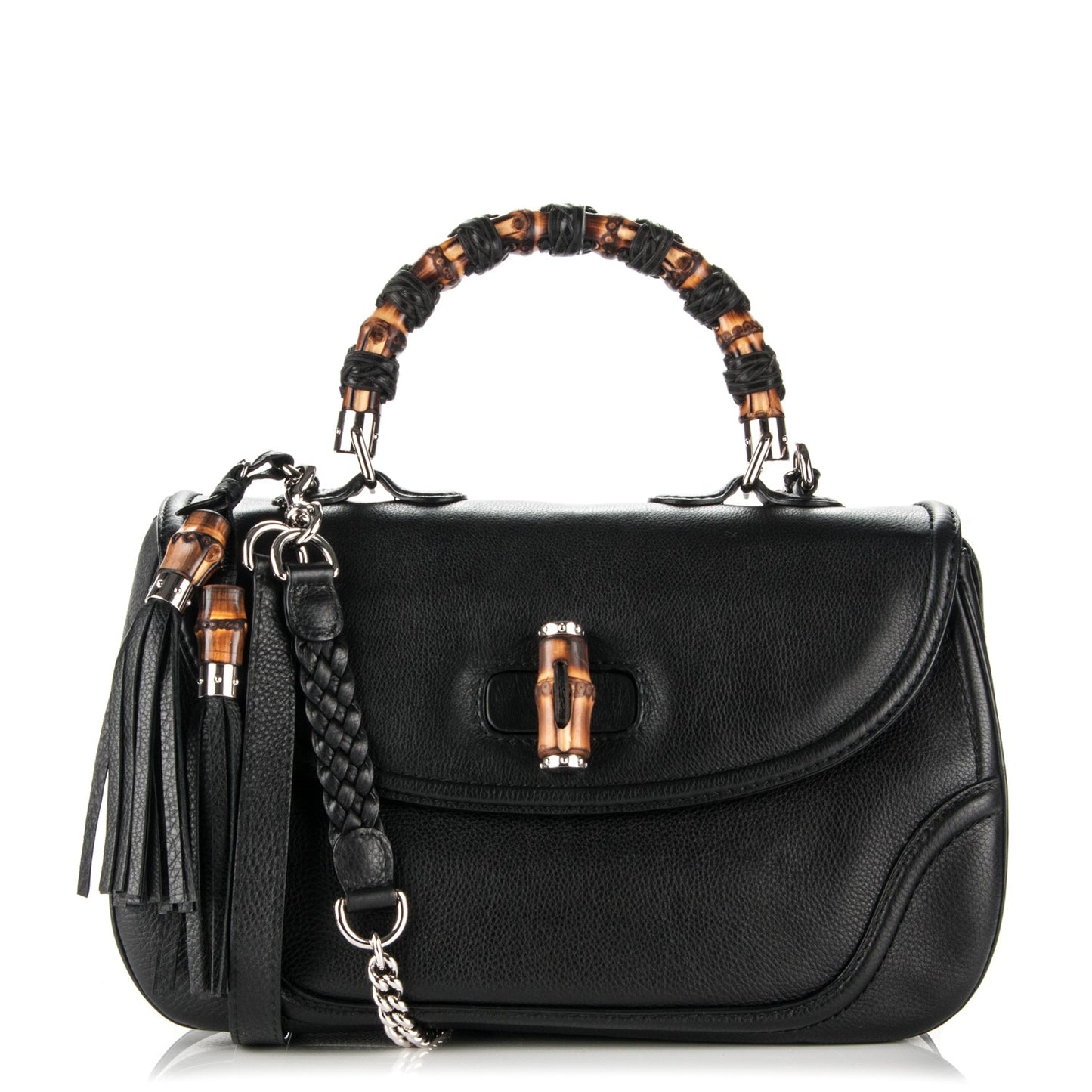 Pebbled Calfskin Large New Bamboo Top Handle Bag Black