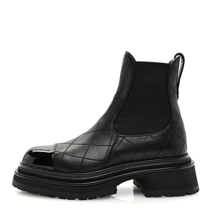 Chanel Calfskin Patent Cap Toe Quilted Short Boots 35.5 Black 1 of 9