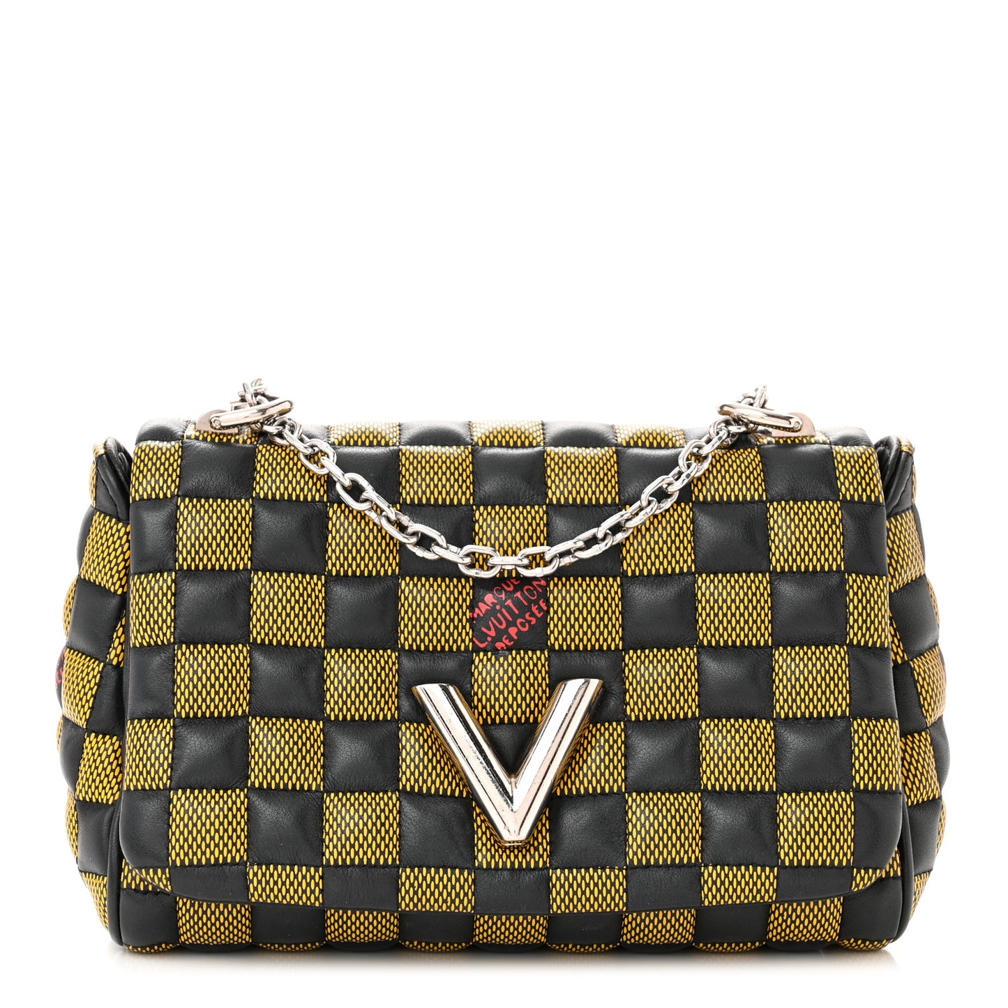 Calfskin Damier Twist Shoulder Bag BB Black Yellow