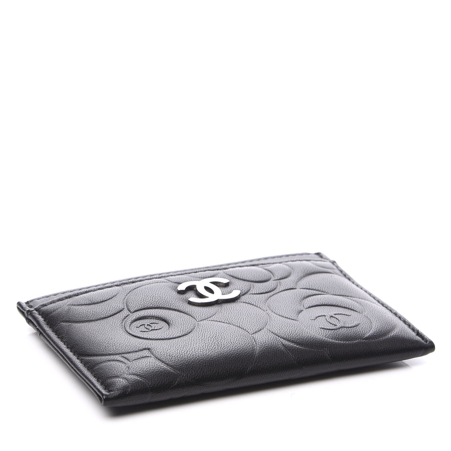 Lambskin Camellia Embossed Card Holder Black