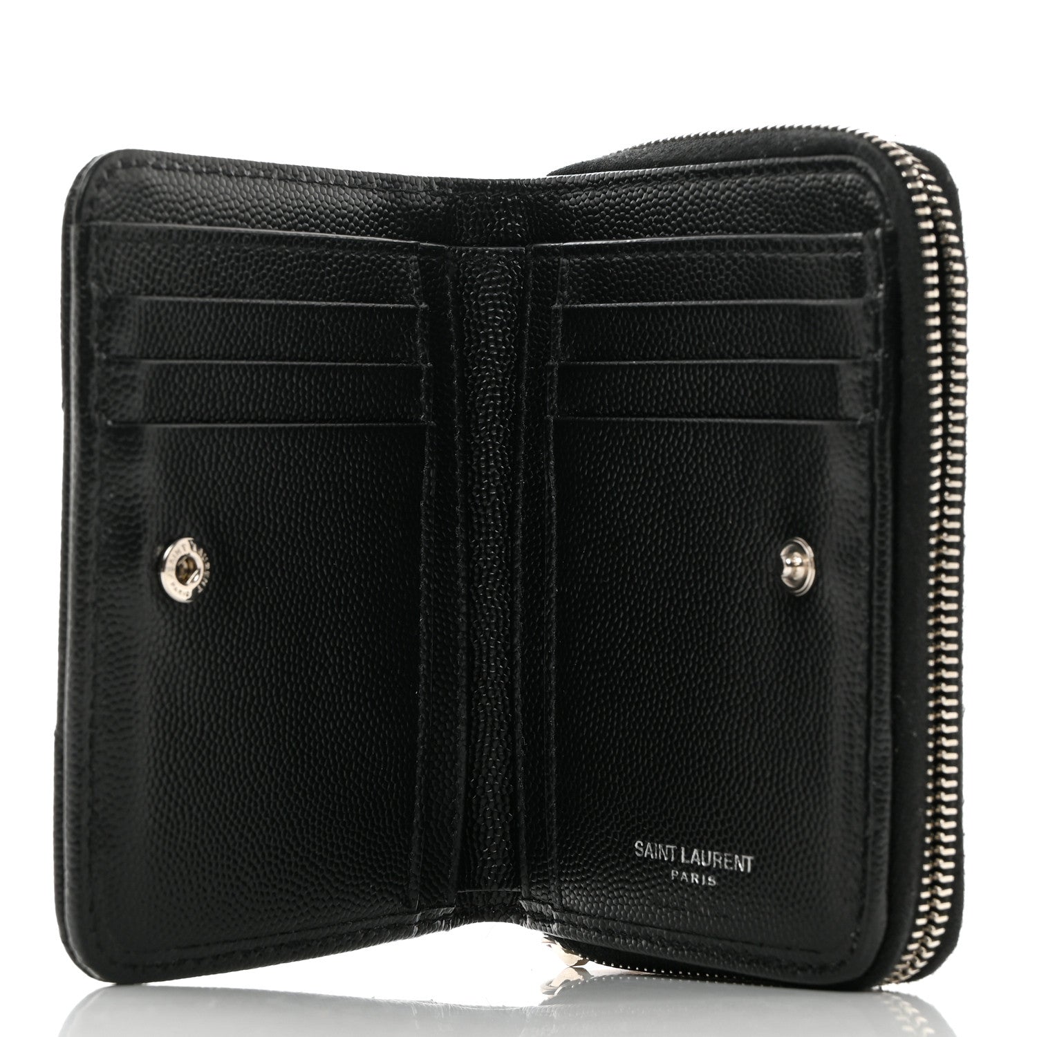 Saint Laurent Grain De Poudre Matelasse Chevron Monogram Compact Zip Around Wallet Black 5 of 7