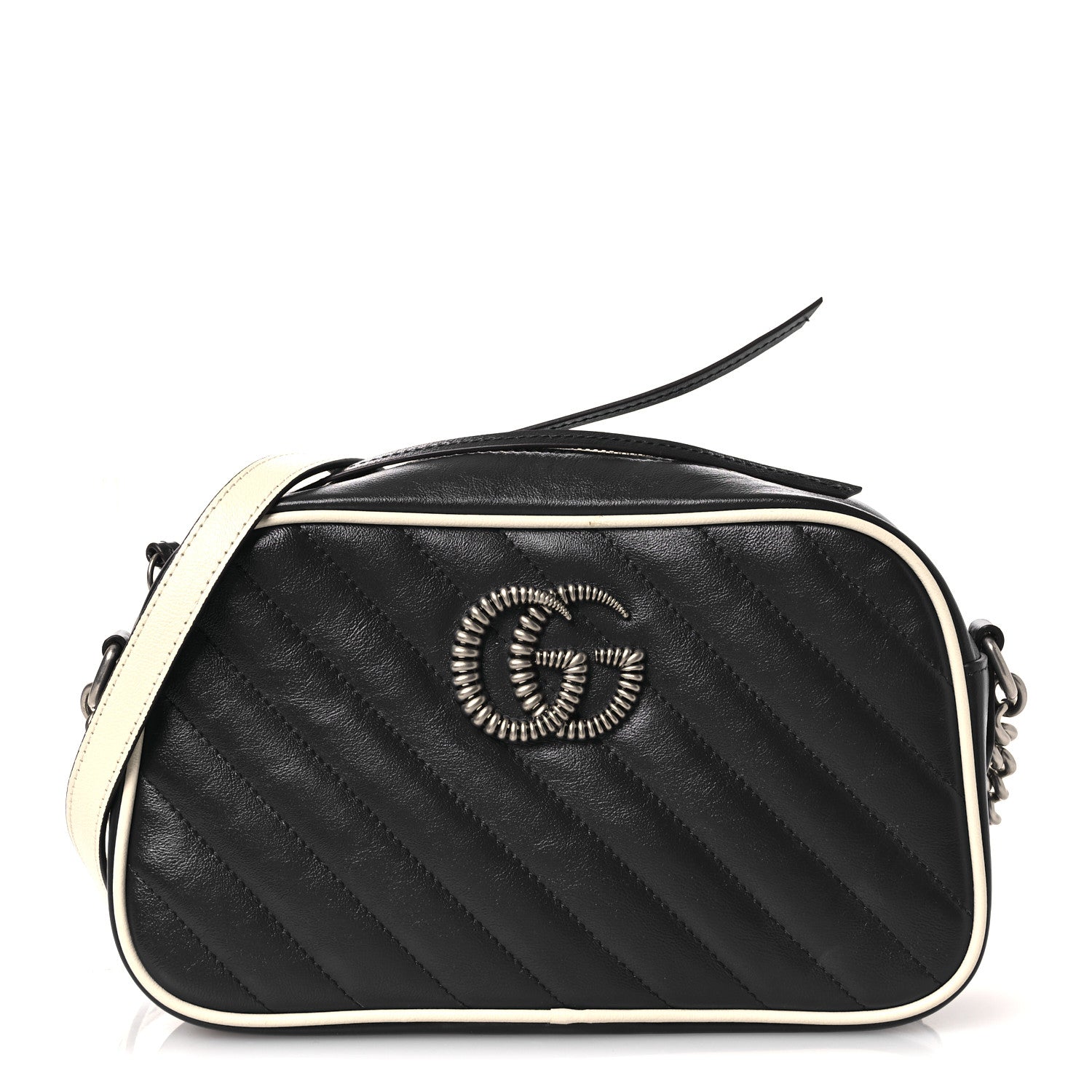 Gucci Vintage Effect Calfskin Matelasse Diagonal Small Torchon GG Marmont Chain Shoulder Bag Blue Agata Mystic White 1 of 10