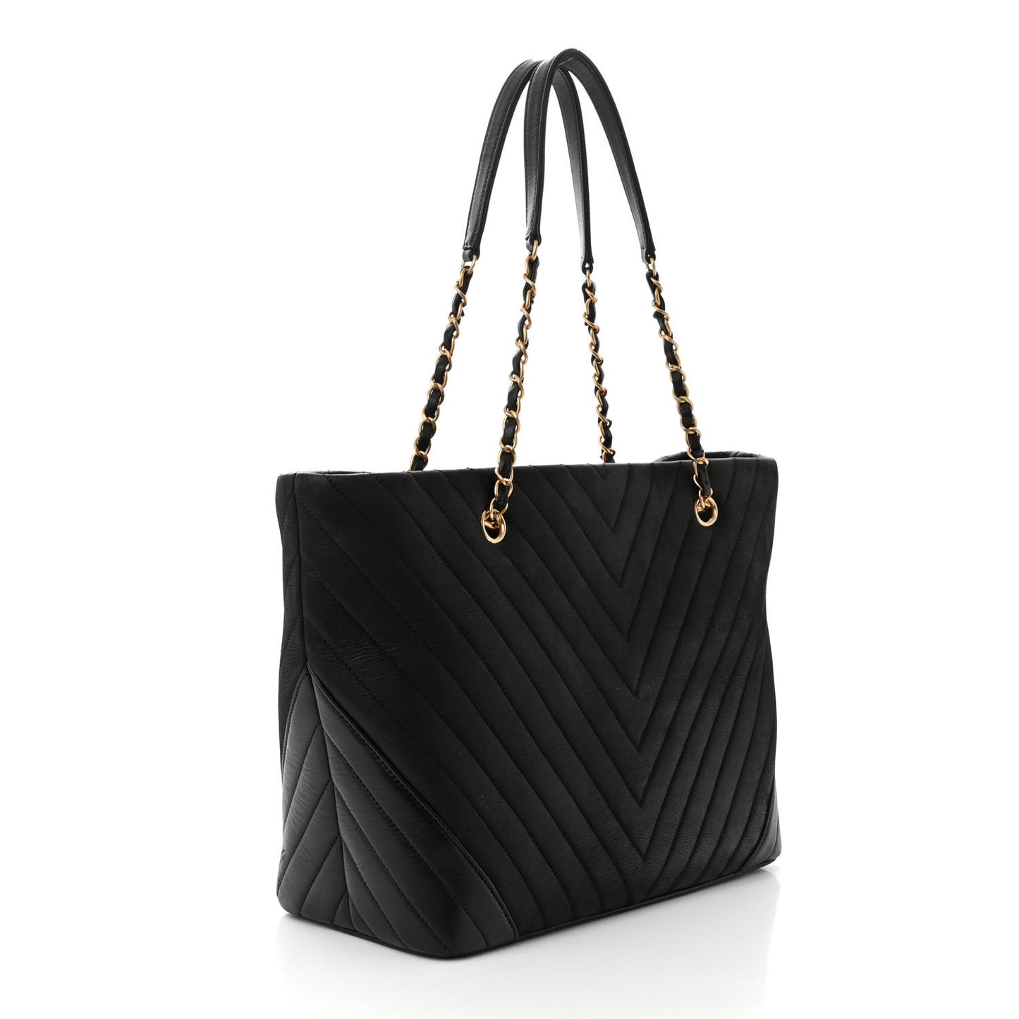 Iridescent Calfskin Lambskin Chevron Quilted Shopping Tote Black
