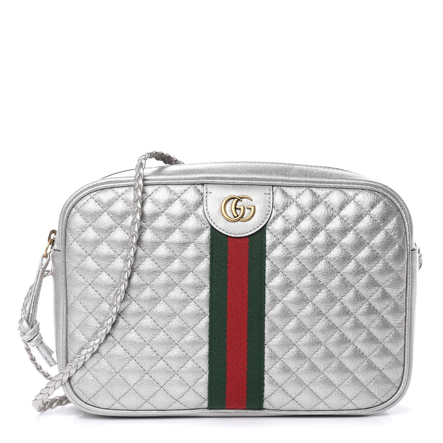 Gucci Laminated Nappa Web Trapuntata Small GG Shoulder Bag Argento 1 of 9