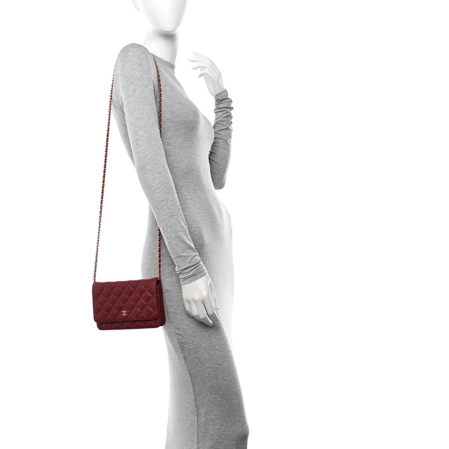 Chanel Metallic Caviar Quilted Wallet on Chain WOC Burgundy 2 of 11