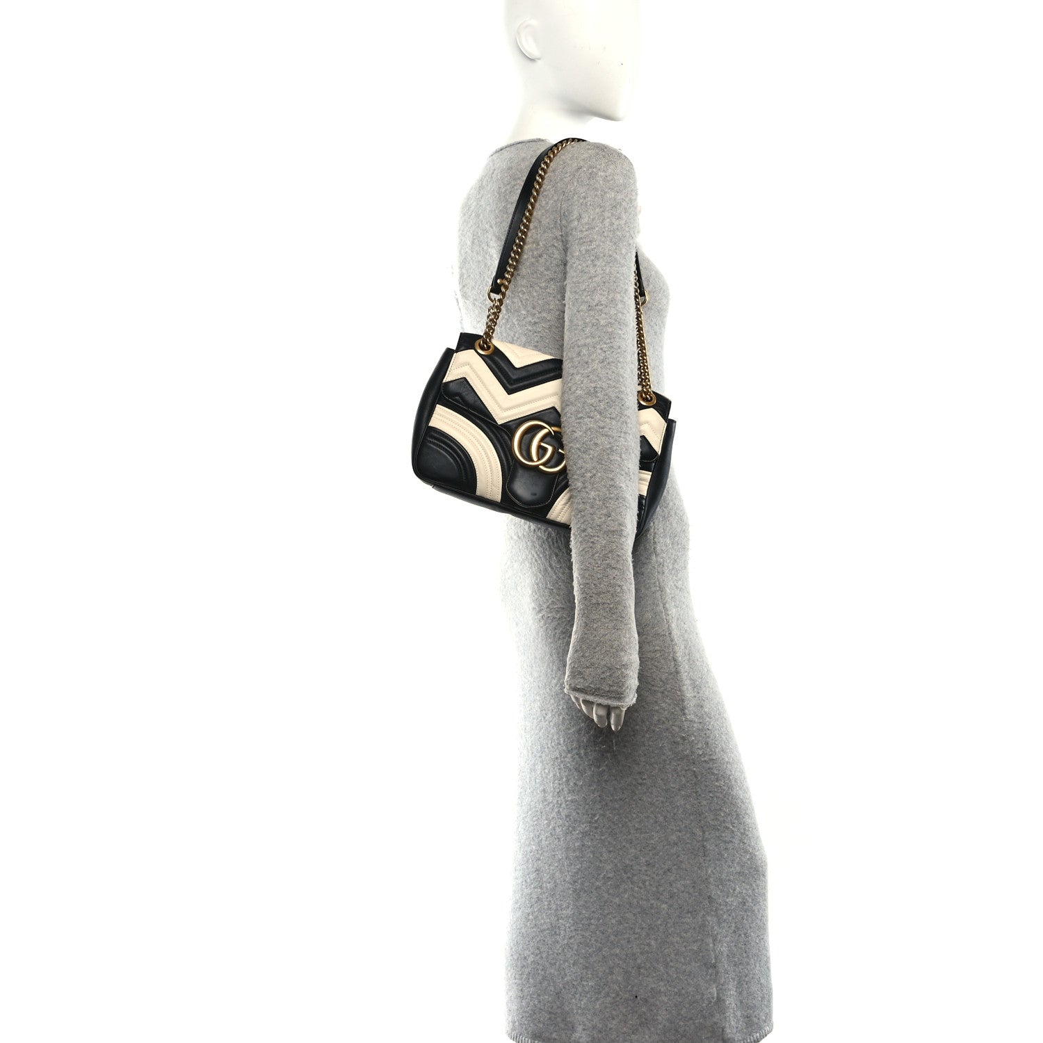 Gucci Calfskin Matelasse Medium GG Marmont Shoulder Bag Black White 2 of 10