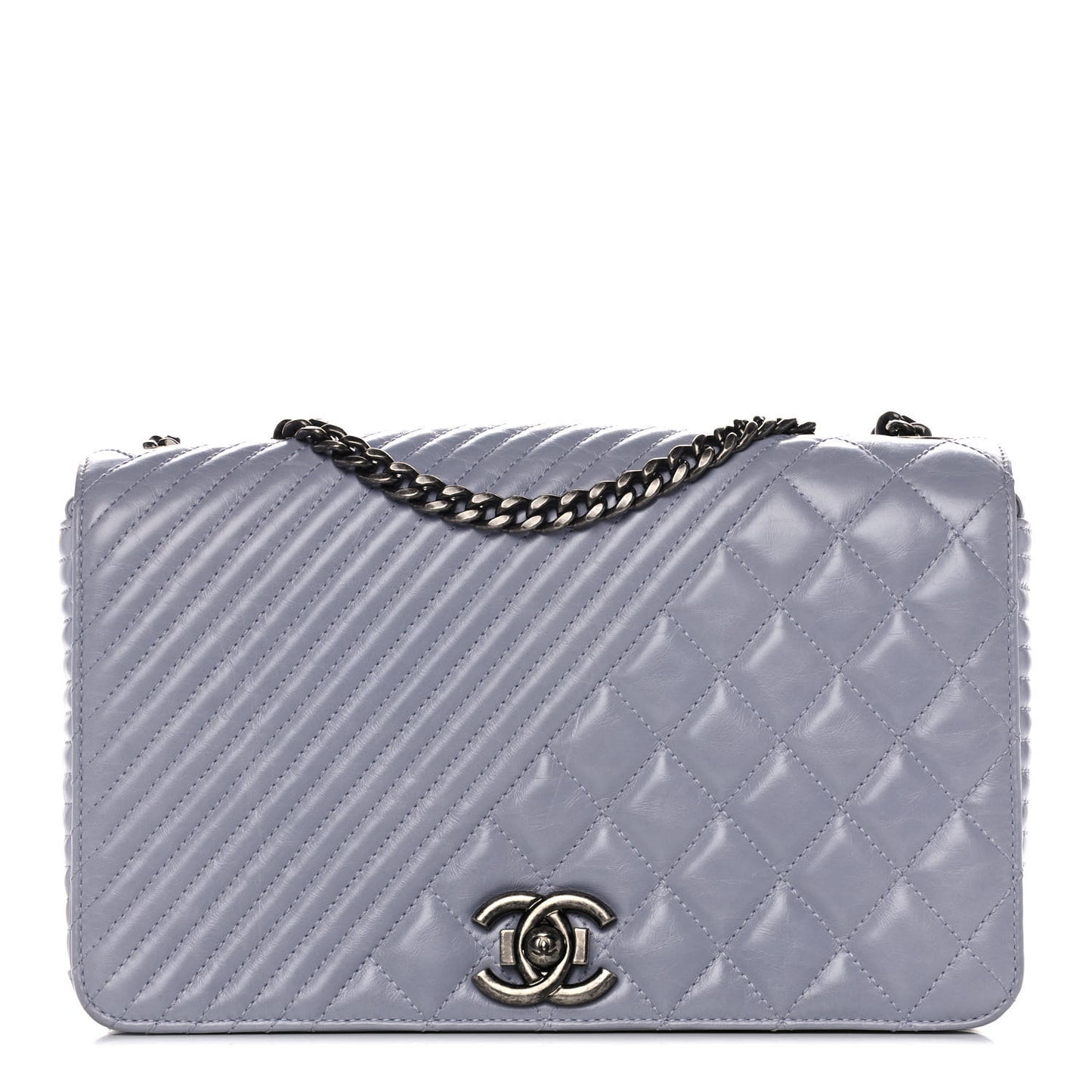 Glazed Calfskin Quilted Medium Coco Boy Flap Light Grey