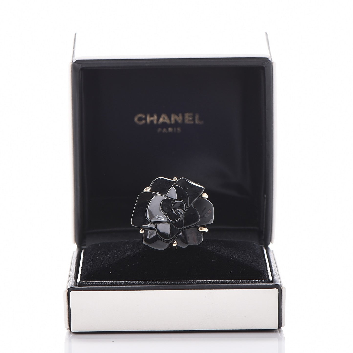 18K Yellow Gold Ceramic Camellia Cachlonj Ring 6 Black