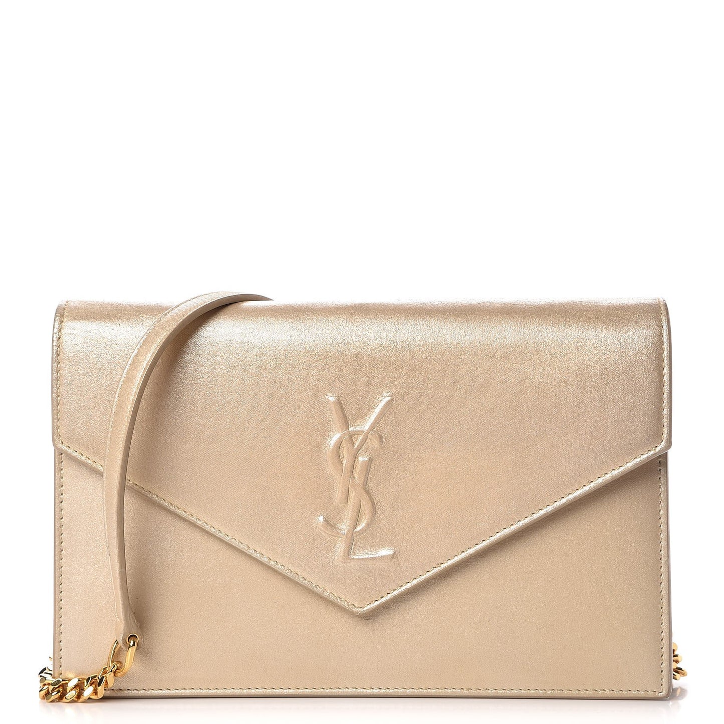 Metallic Fabric Monogram Envelope Chain Wallet Champagne