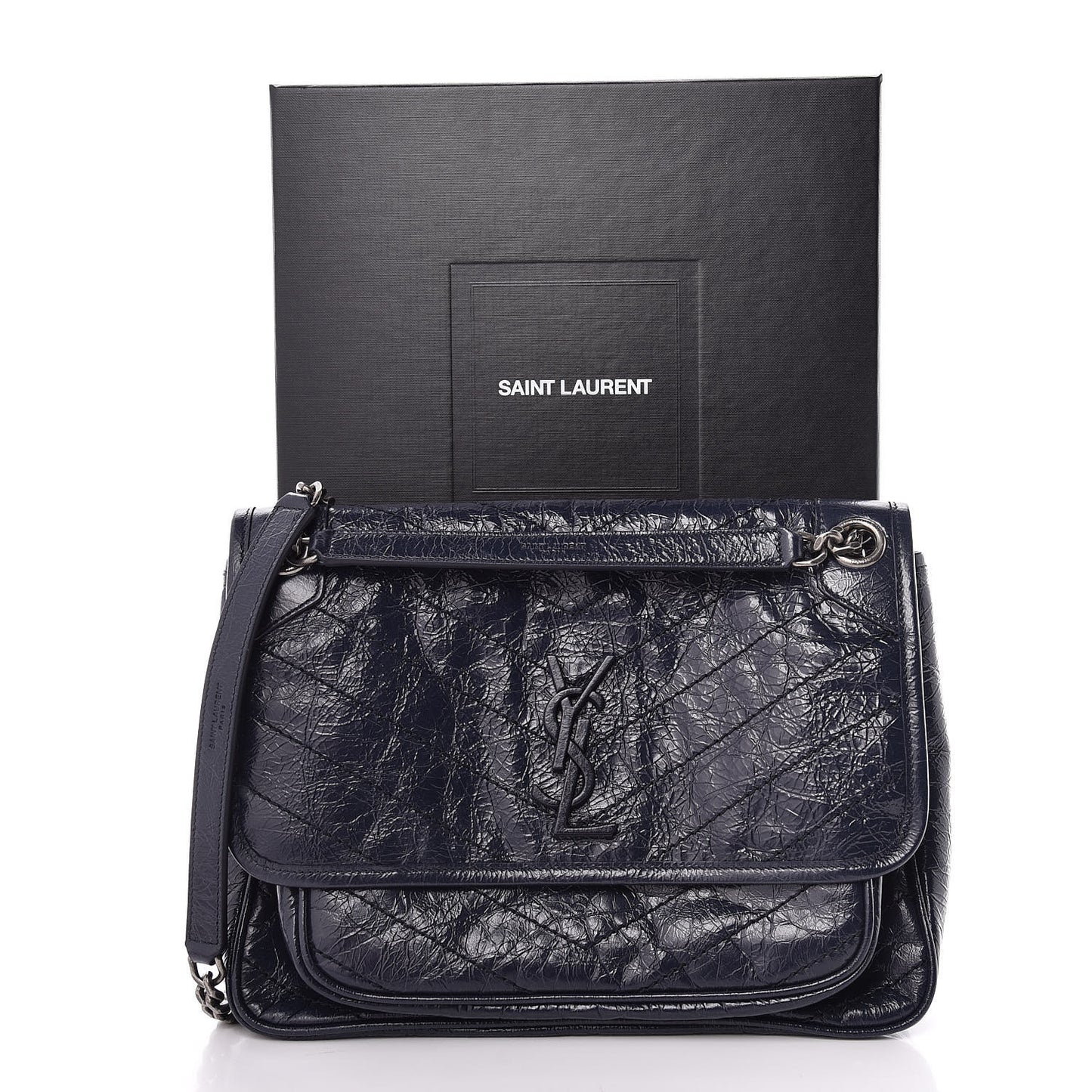 Crinkled Calfskin Matelasse Monogram Medium Niki Chain Satchel Deep Marine
