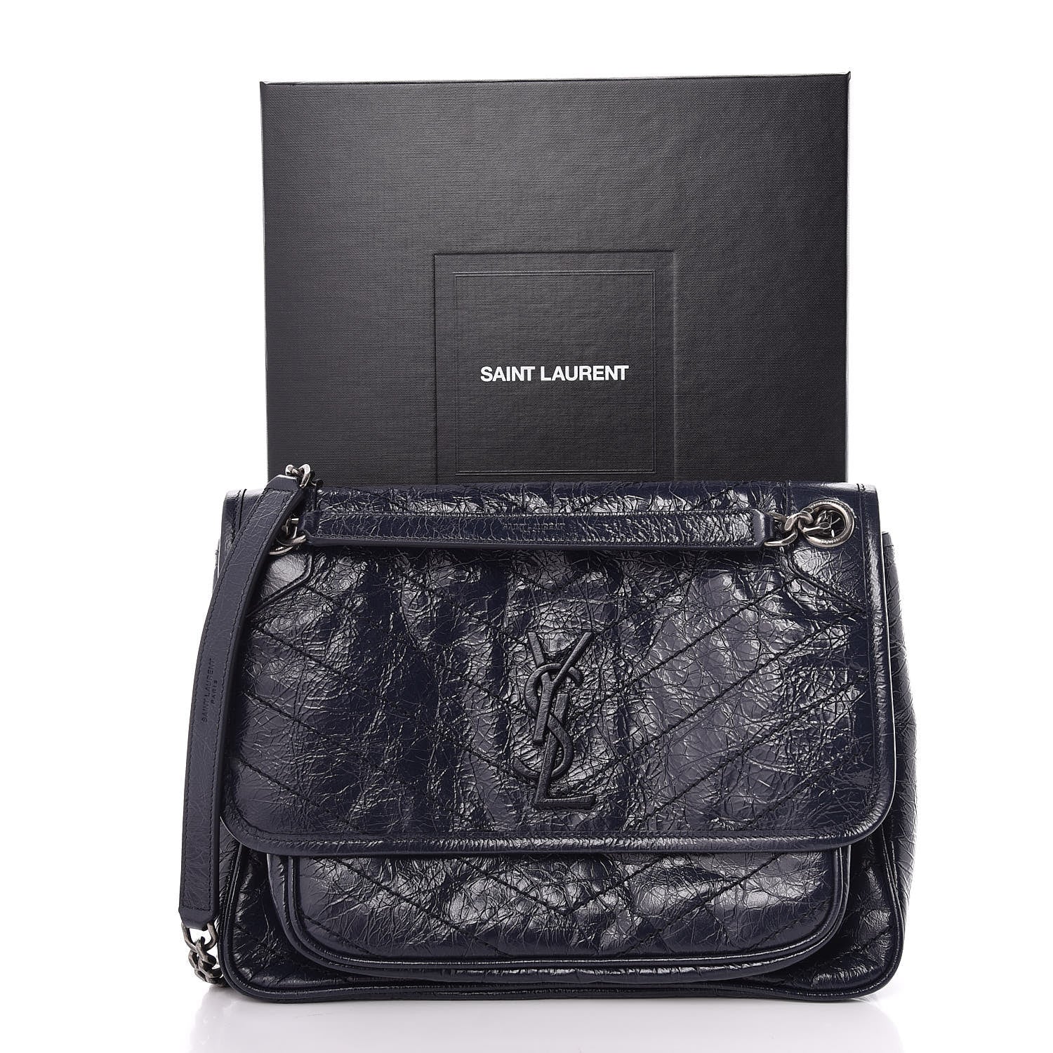 Saint Laurent Crinkled Calfskin Matelasse Monogram Medium Niki Chain Satchel Deep Marine 11 of 11