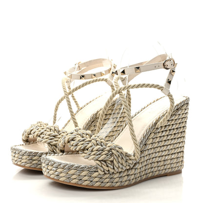 Valentino Garavani Braided Cotton Calfskin Rockstud Torchon Espadrille Wedge Sandals 41 Light Ivory 3 of 7