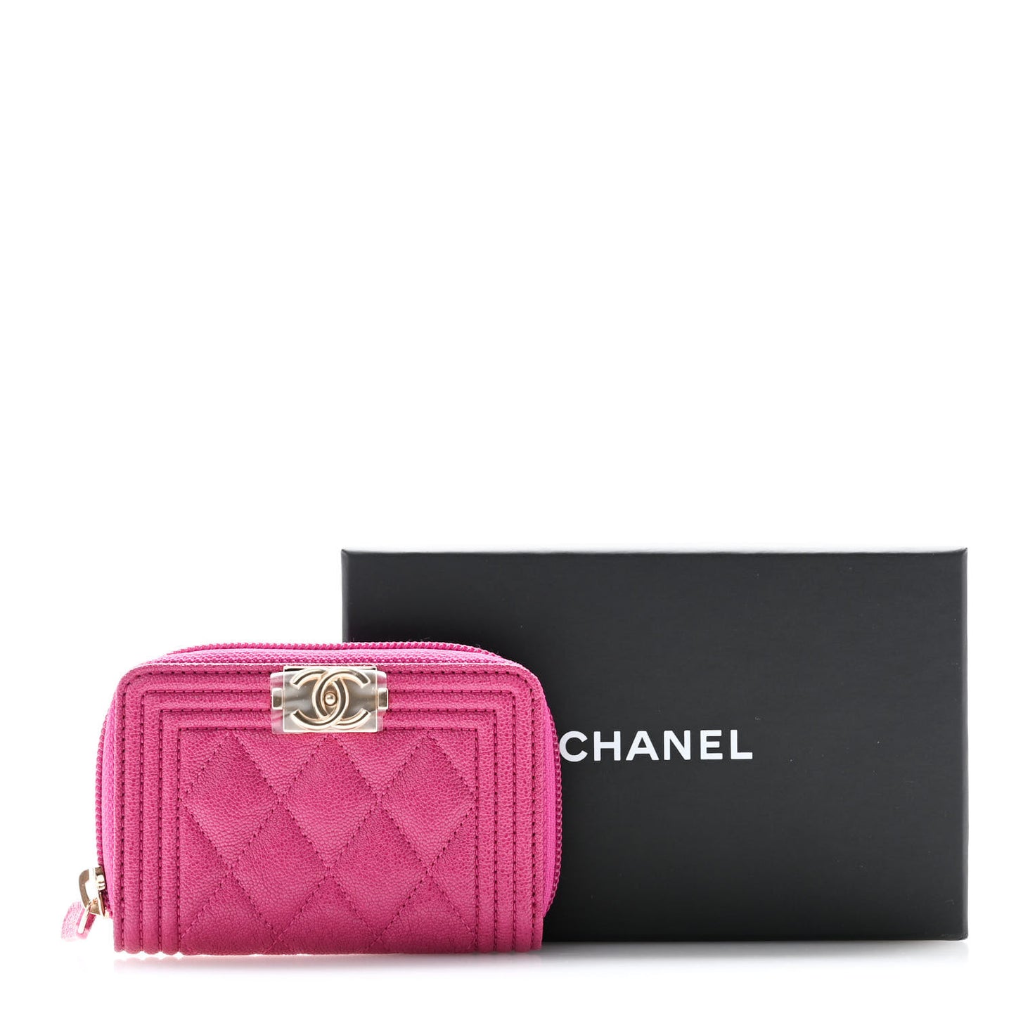 Caviar Quilted Boy Zip Around Coin Purse Wallet Fuchsia