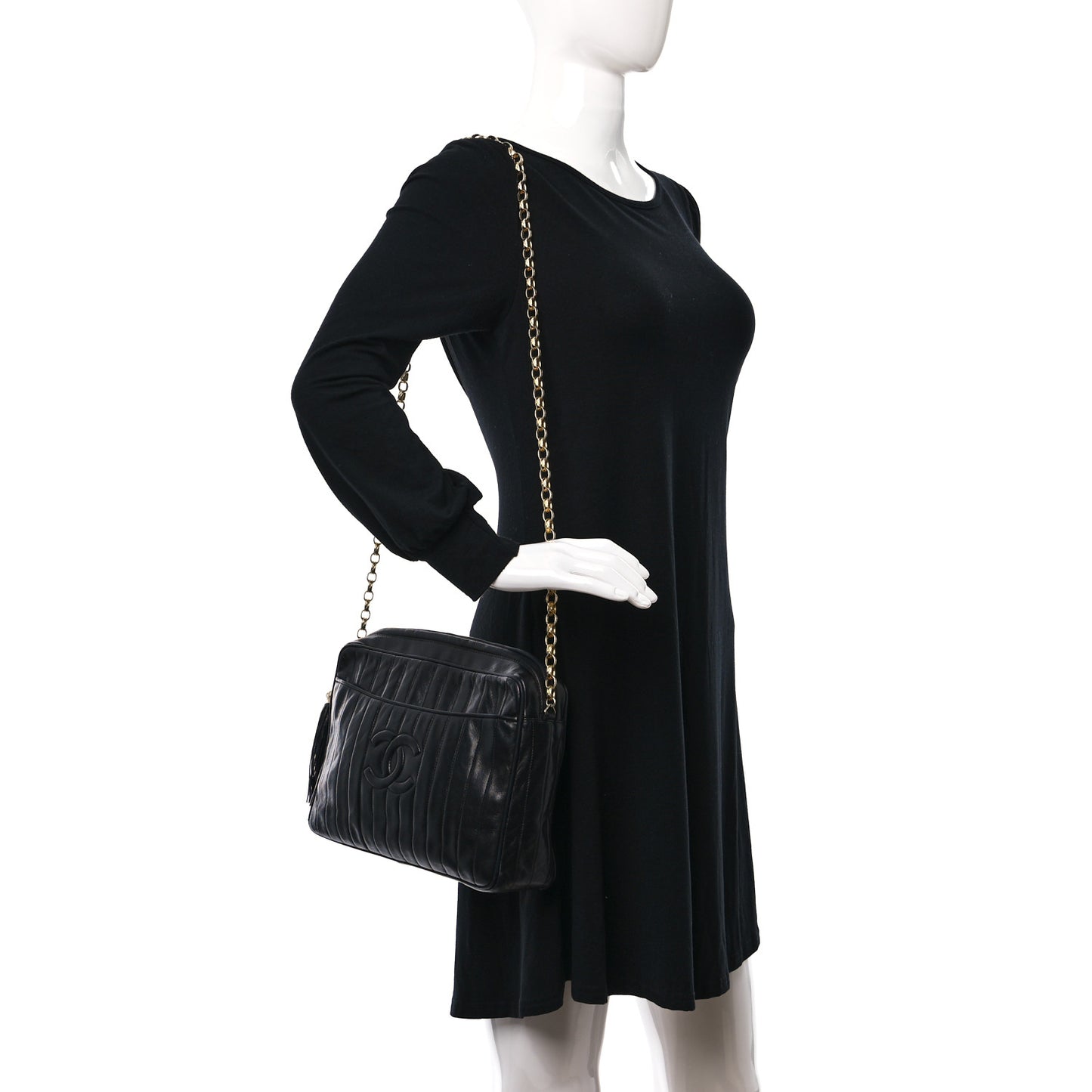 Lambskin Vertical Quilted Tassel Camera Case Black