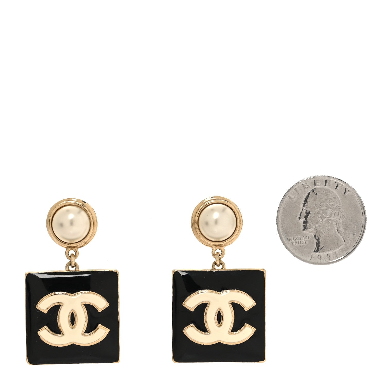 Chanel Metal Enamel Pearl Square CC Drop Earrings Gold Black White 2 of 6