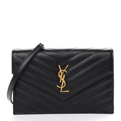 Saint Laurent Grain De Poudre Matelasse Chevron Monogram Envelope Chain Wallet Black 1 of 9