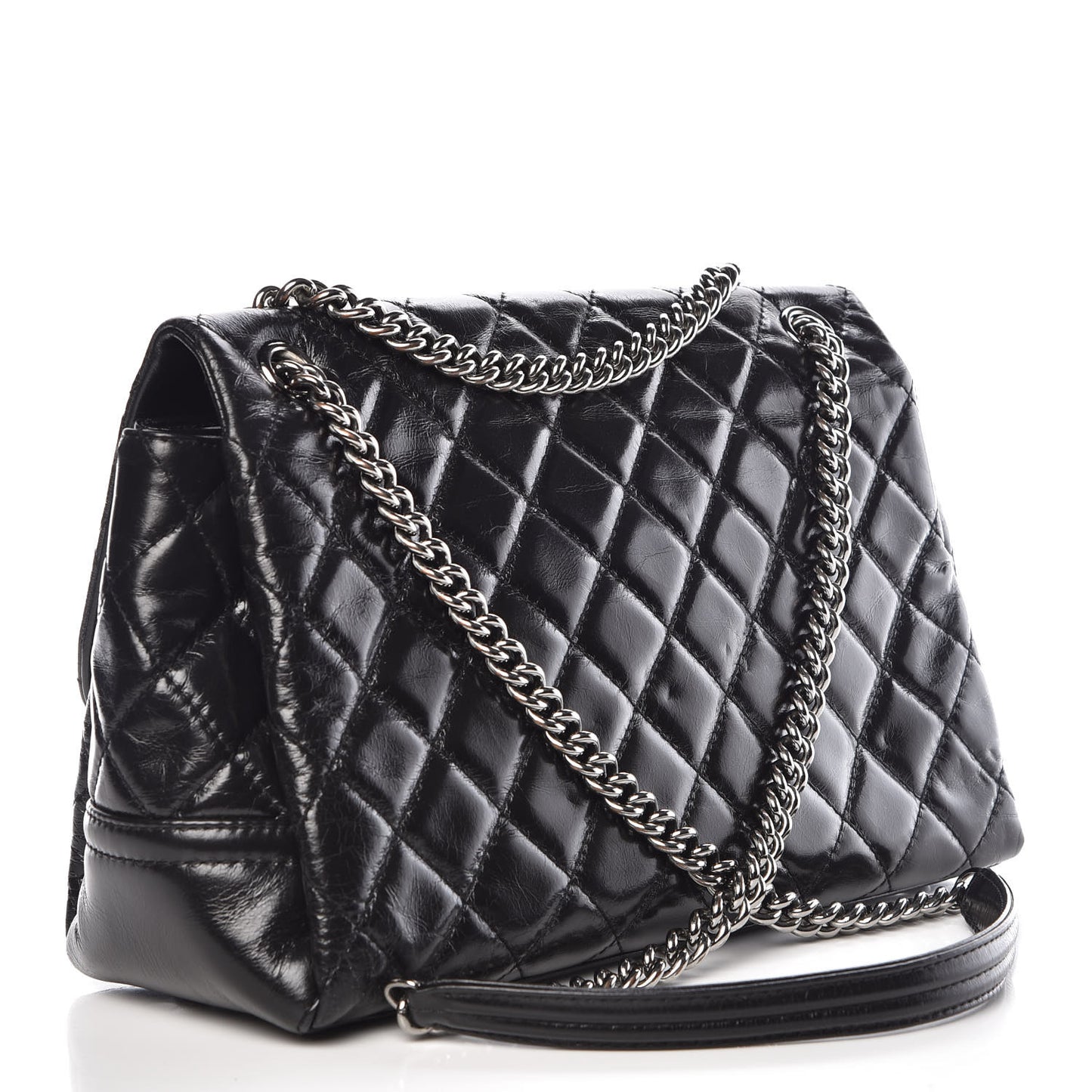 Glazed Calfskin Quilted Medium Lady Pearly Flap Black