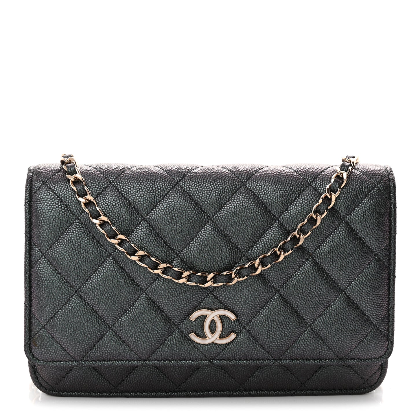 Iridescent Caviar Quilted Wallet on Chain WOC Dark Blue