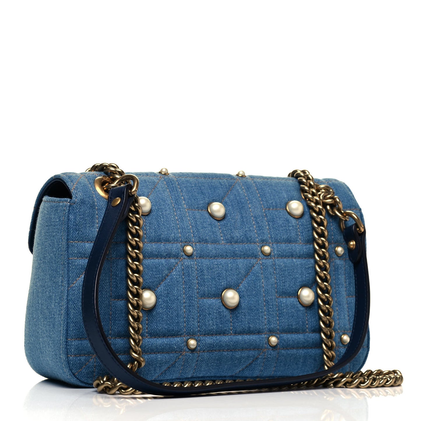 Denim Matelasse Pearl Studded Small GG Marmont Shoulder Bag Blue