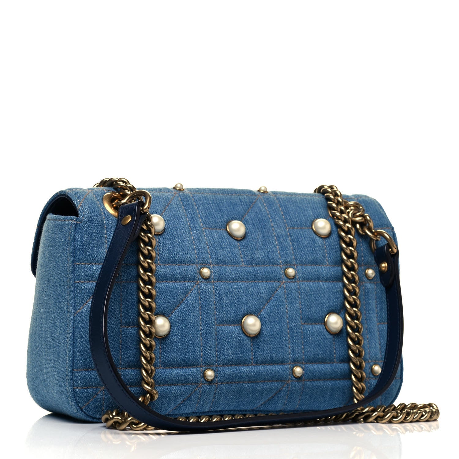 Gucci Denim Matelasse Pearl Studded Small GG Marmont Shoulder Bag Blue 3 of 9