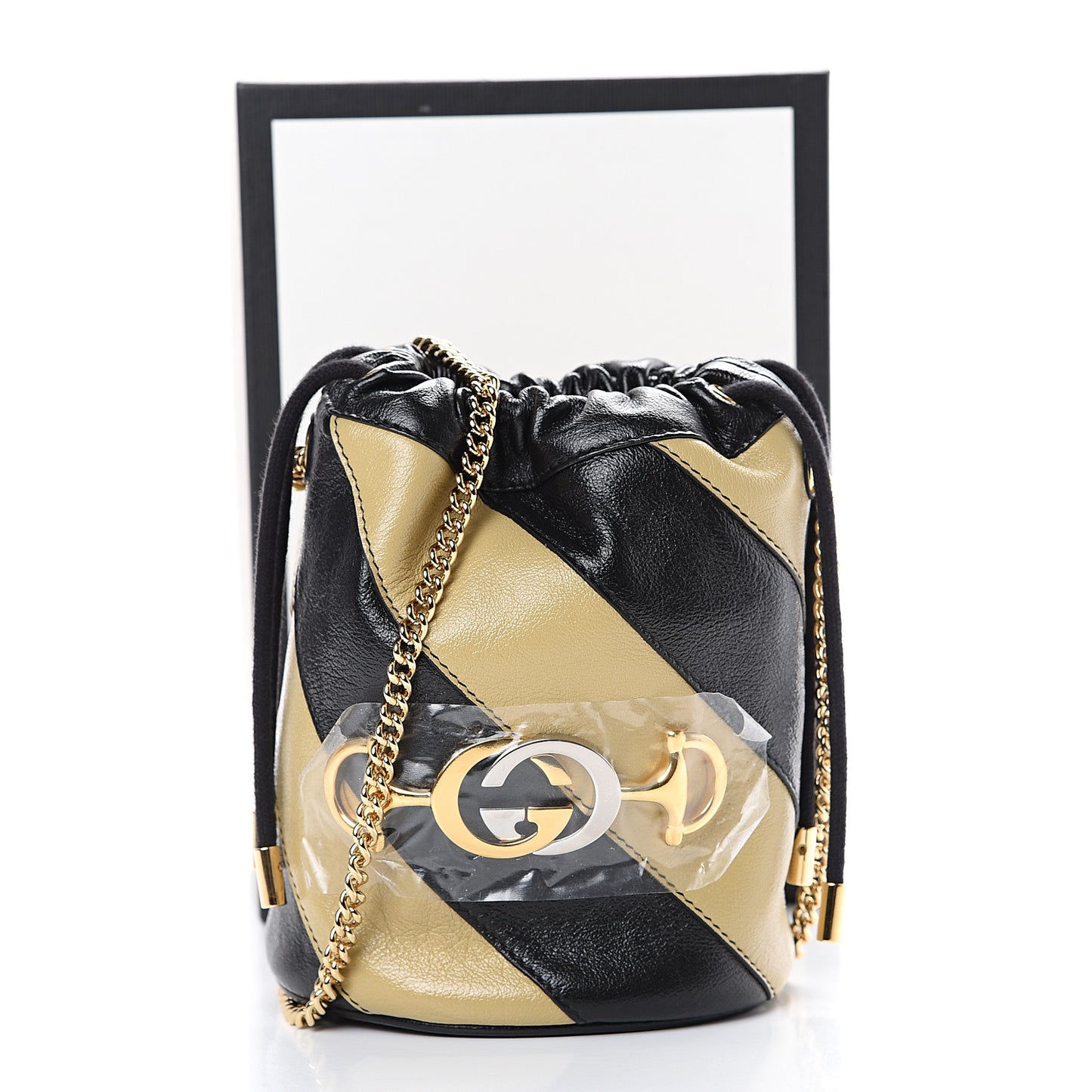 Calfskin Diagonal Striped Mini Zumi Bucket Bag Black Beige