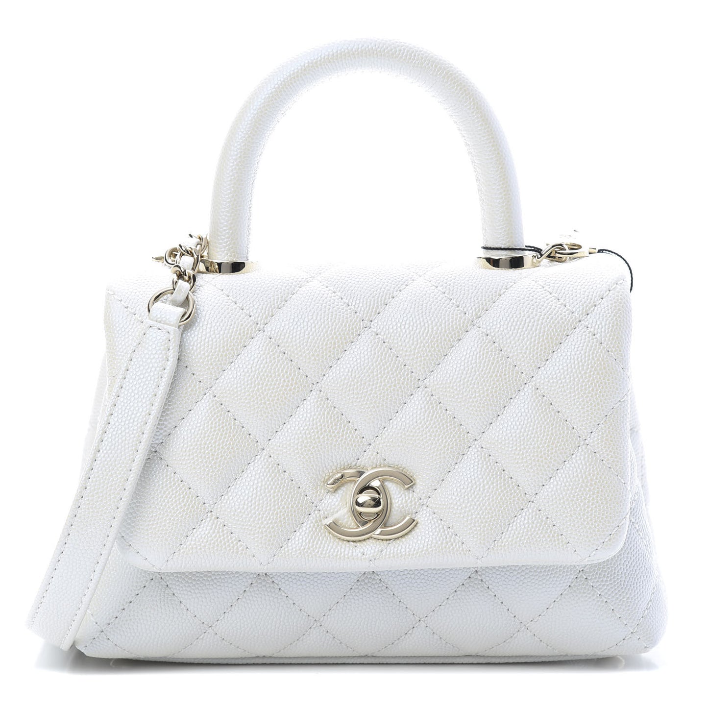 Iridescent Caviar Quilted Extra Mini Coco Handle Flap White