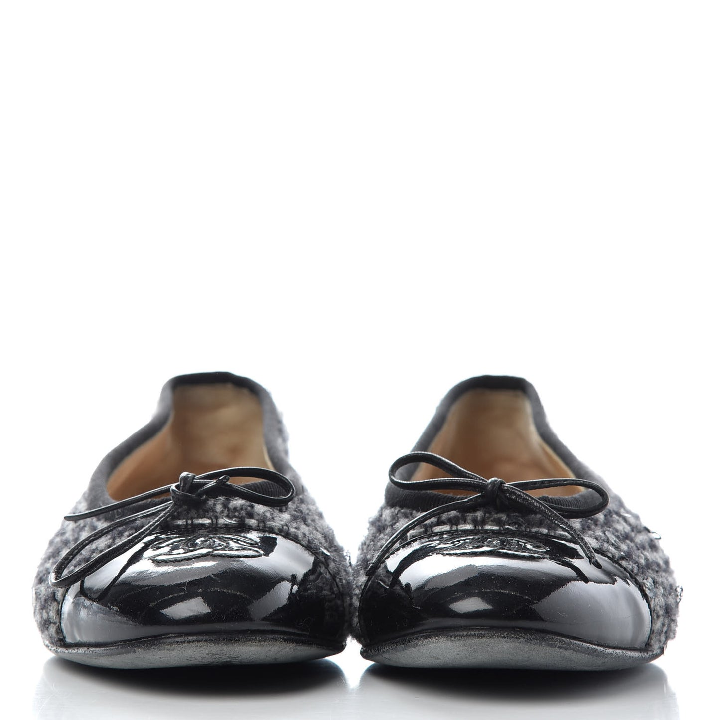 Tweed Patent Cap Toe Ballerina Flats 36.5 Grey Black White